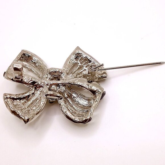 Vintage Bow Ribbon Brooch Silver-Tone Metal Blue Enamel Shiny Rhinestones Pin - Picture 8 of 11